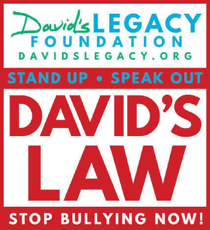 A red and white poster with "David's Legacy Foundation" in green at the top. Below it, "David's Law" is bolded in red, followed by "STOP BULLYING NOW!"