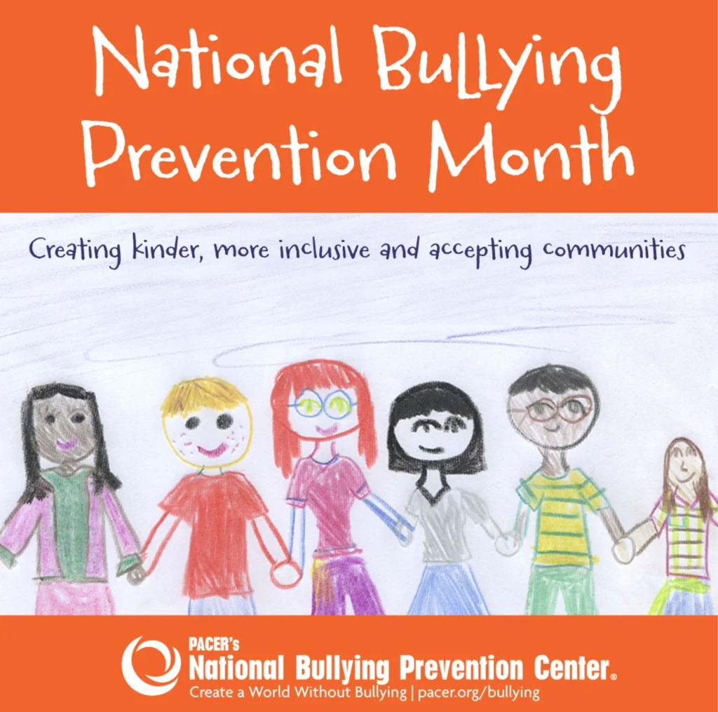 A drawing of seven children holding hands with a banner stating "National Bullying Prevention Month".