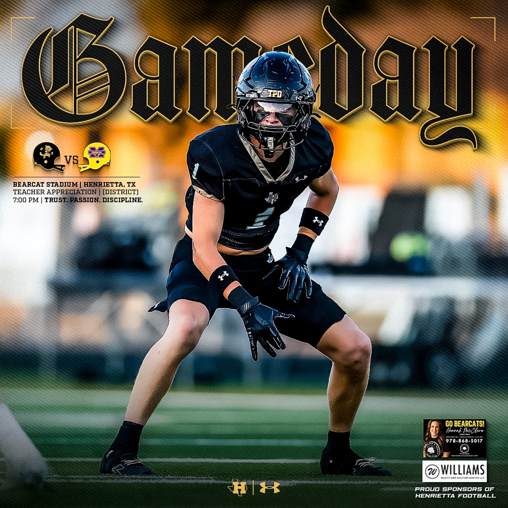 🏈 HENRIETTA FB | GAMEDAY (DISTRICT) Back home under the lights. The Bearcats take on Merkel this Friday night at Bearcat Stadium! 🆚 Merkel 📅 Friday, October 16th ⏰ 7:00 PM 📍 Bearcat Stadium | Henrietta, TX 🍎 Teacher Appreciation Night Join us as we recognize the teachers who make an impact every day, then bring the energy as the Bearcats take the field! #TPD | #HenriettaFB
