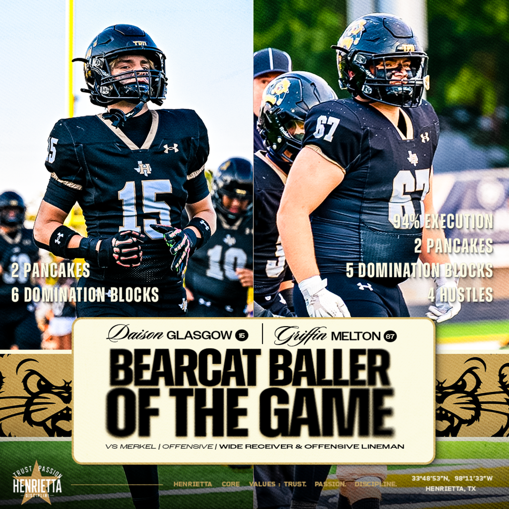 🚨 BEARCAT BALLERS VS. MERKEL | OFFENSE Daison Glasgow #15 | Wide Receiver Griffin Melton #67 | Offensive Line Glasgow — 2 Pancakes | 6 Domination Blocks Melton — 94% Execution | 2 Pancakes | 5 Domination Blocks | 4 Hustles Set the tone. Finish the block. Do the dirty work. 🔥