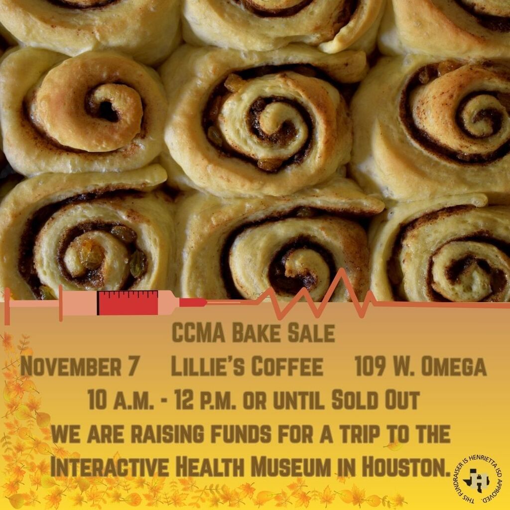 Many cinnamon rolls in rows. Text reads "CCMA Bake Sale, November 7, Lillie's Coffee, 109 W. Omega".
