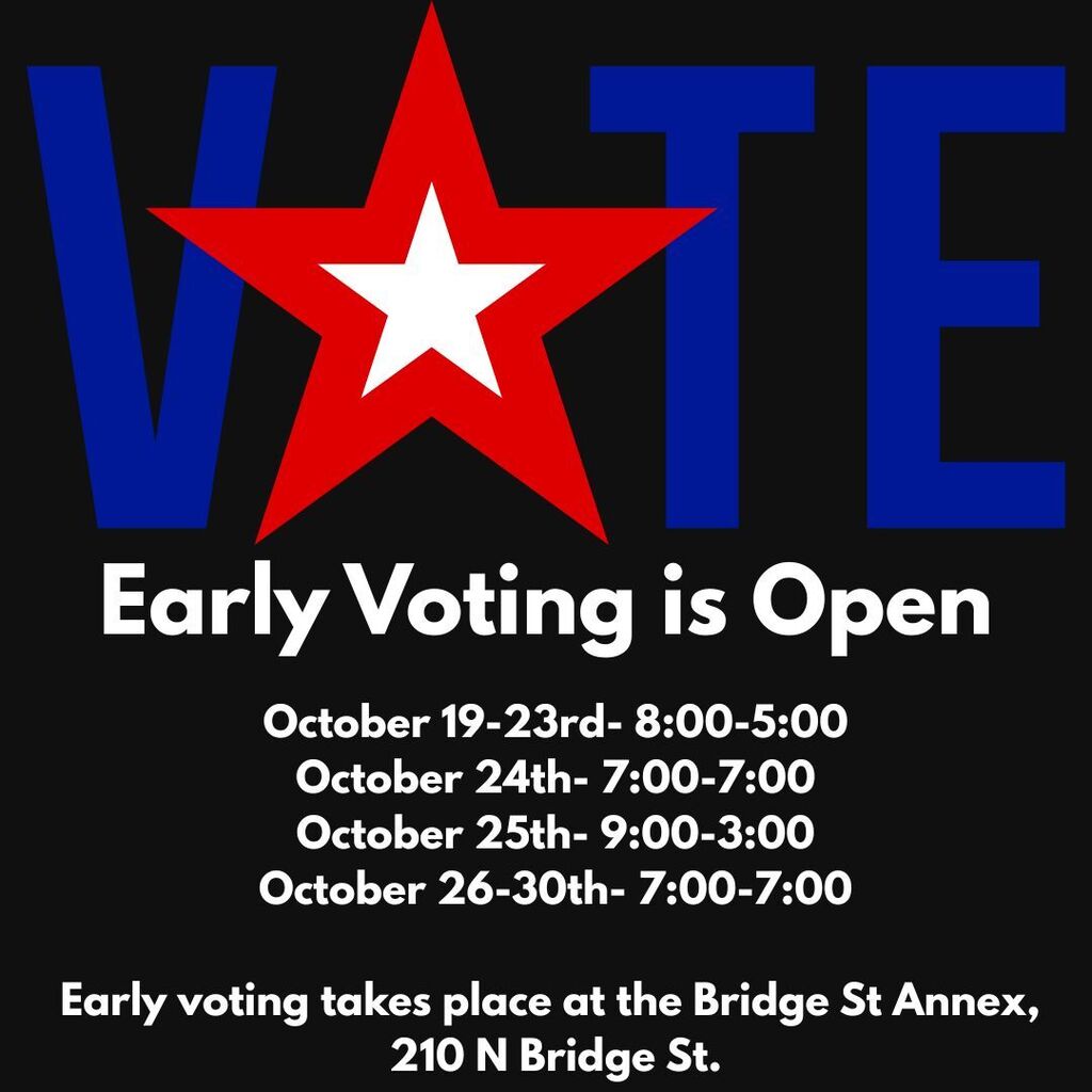 Black background with red star. Blue text reads "VOTE". Blue text reads "Early Voting is Open". Times and dates for early voting are listed.