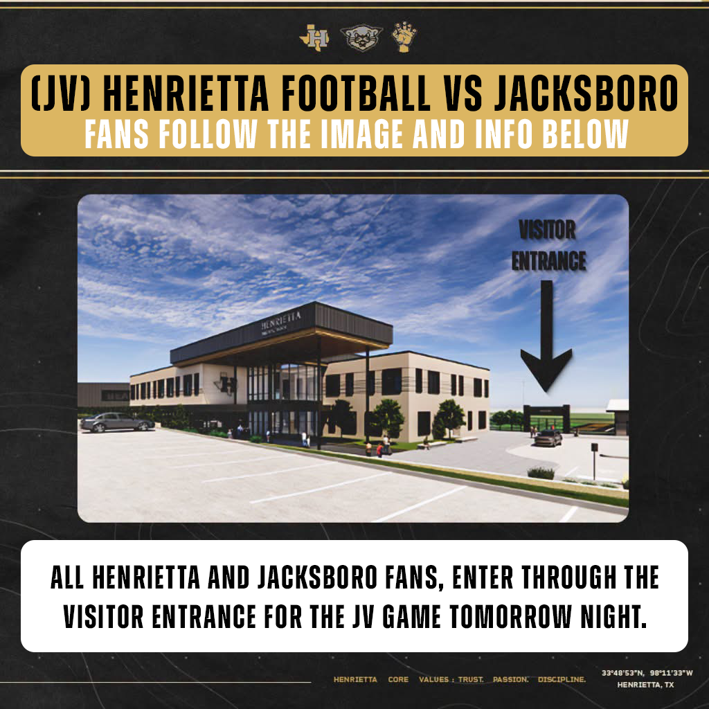 🏈 JV FOOTBALL | GAMEDAY INFO  Our JV Bearcats are HOME tomorrow night against Jacksboro!  🚨 IMPORTANT: All Henrietta and Jacksboro fans should enter through the Visitor Entrance shown on the graphic.  🆚 Jacksboro   ⏰ 5:30 PM  📍 Henrietta, TX  Please help us spread the word and make sure everyone enters through the correct gate.  GO BEARCATS! 🔥  #TPD | #HenriettaFB