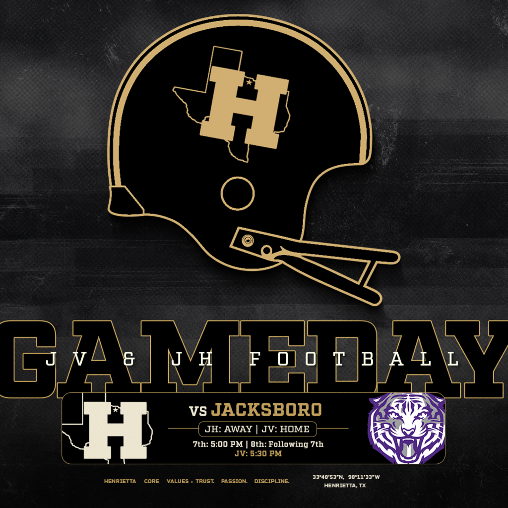 🏈 JH & JV GAMEDAY | VS. JACKSBORO  Thursday football is here. JH hits the road while JV defends home. 🔥  JH @ JACKSBORO 7th | 5:00 PM 8th | Following 7th  JV vs. JACKSBORO | HOME Kickoff | 5:30 PM  Another opportunity to compete, represent Henrietta, and get better.  #TPD | #HenriettaFB