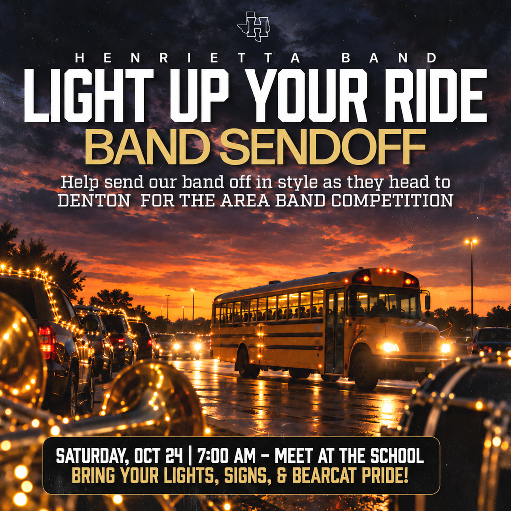 School bus on wet road with headlights on; text overlay reads "Light Up Your Ride Band Sendoff".