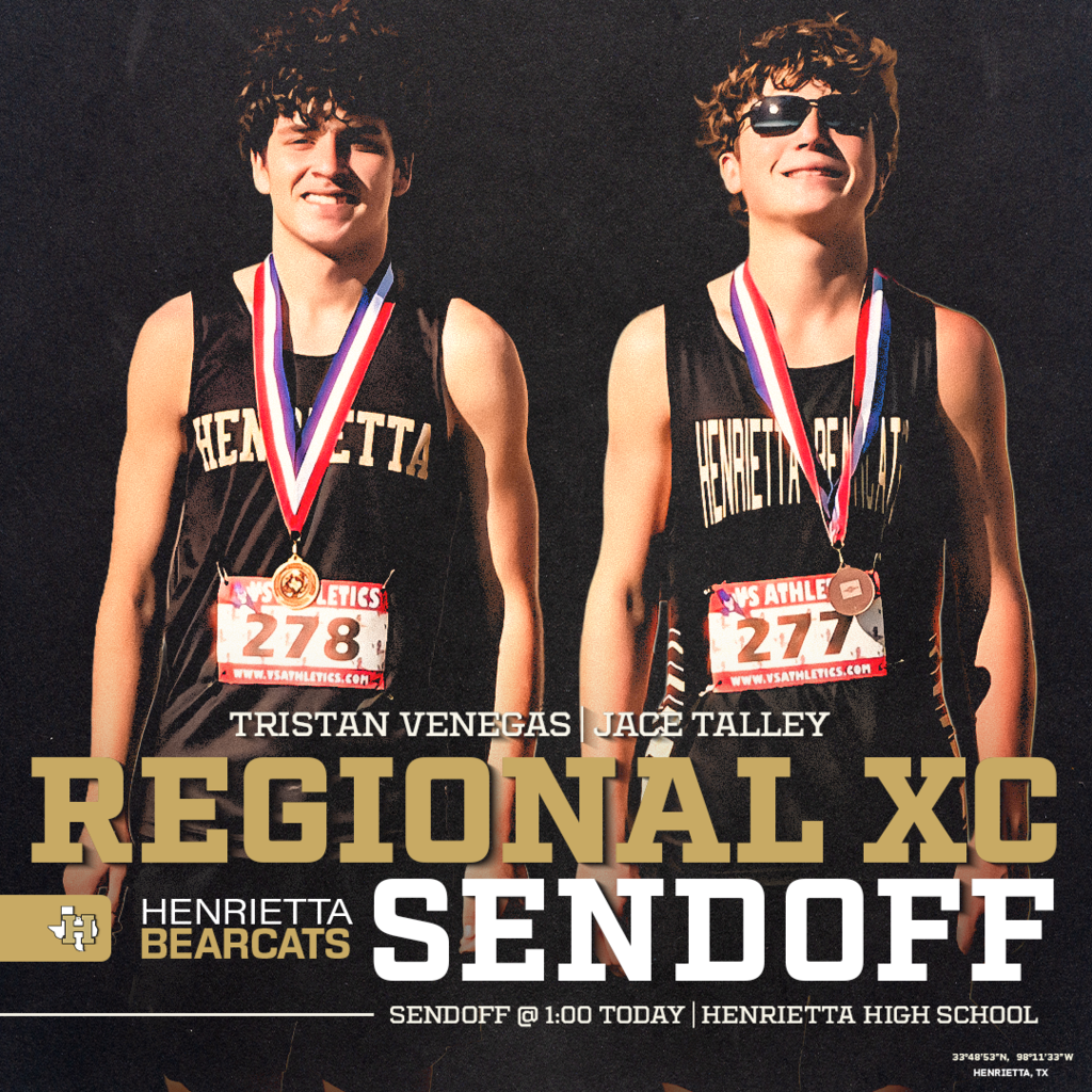 🏃 REGIONAL XC SENDOFF  Bearcat Nation, come help us send off Tristan Venegas & Jace Talley today as they head to Regional Cross Country Meet! 🔥  ⏰ 1:00 PM 📍 Henrietta High School  Come out, make some noise, and show these guys some love!  #TPD | #HenriettaXC