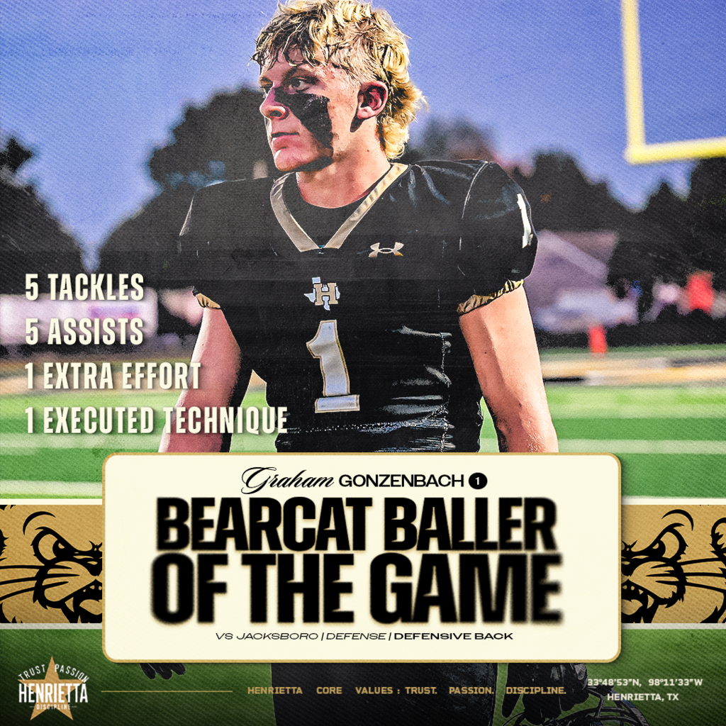 🚨 BEARCAT BALLER VS. JACKSBORO | DEFENSE  Graham Gonzenbach #1 | Defensive Back  5 Tackles | 5 Assists | 1 Extra Effort | 1 Executed Technique  Active. Physical. Doing his job. 🔥  #TPD | #HenriettaFB