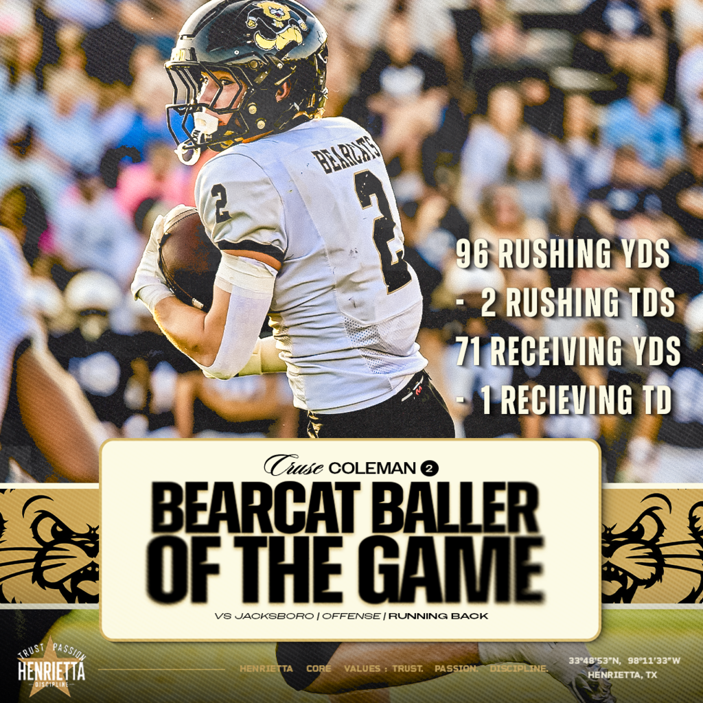 🚨 BEARCAT BALLER VS. JACKSBORO | OFFENSE  Cruse Coleman #2 | Running Back  96 Rushing Yards | 2 Rushing TDs 71 Receiving Yards | 1 Receiving TD  167 total yards. 3 touchdowns. #2 went to work. 🔥  #TPD | #HenriettaFB