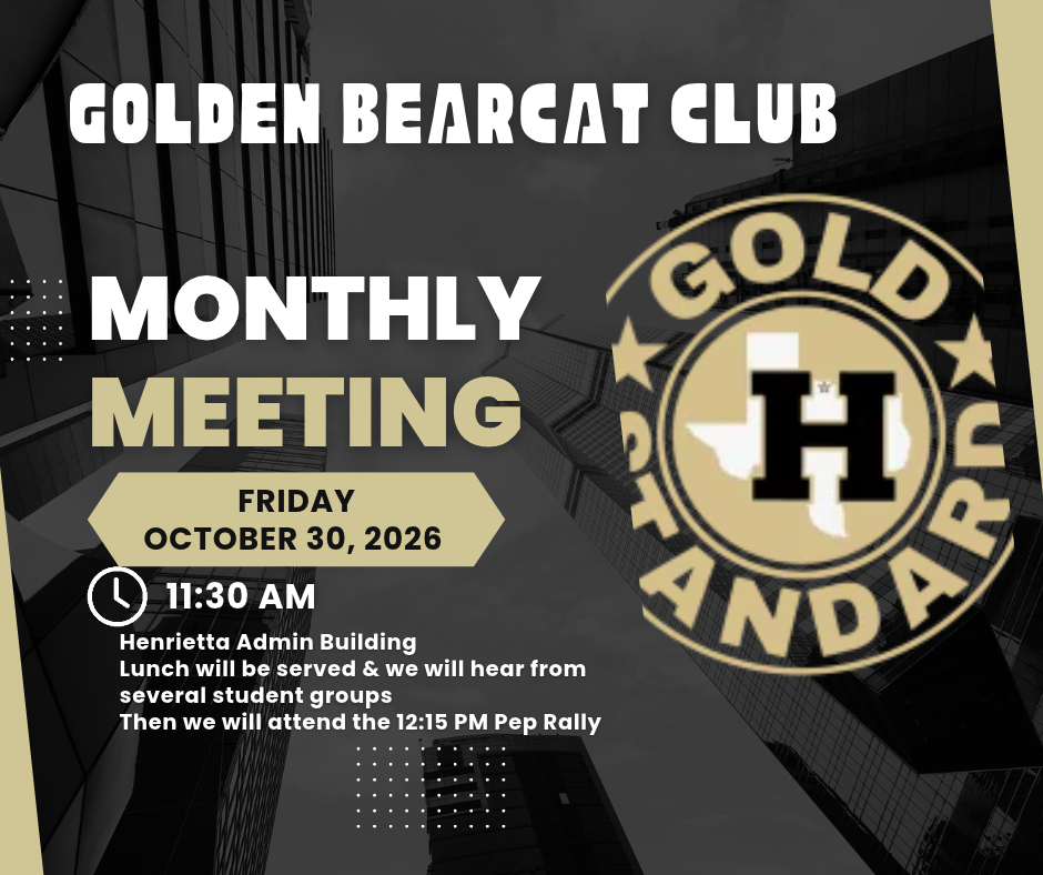 Golden Bearcat Club monthly meeting. Date, time, location, and brief description. Logo with "GOLD" and "H" inside star.