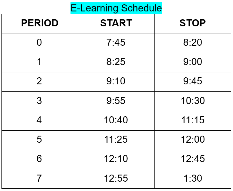 e-learning bell schedule