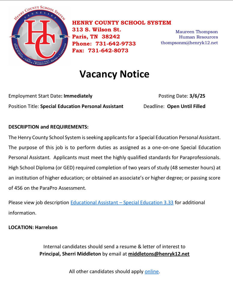 Position Available for a Special Education Personal Assistant.