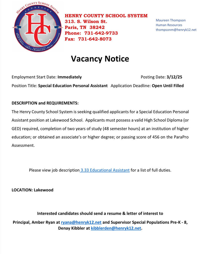 Position Available for a Special Education Personal Assistant at Lakewood School. Apply Today!