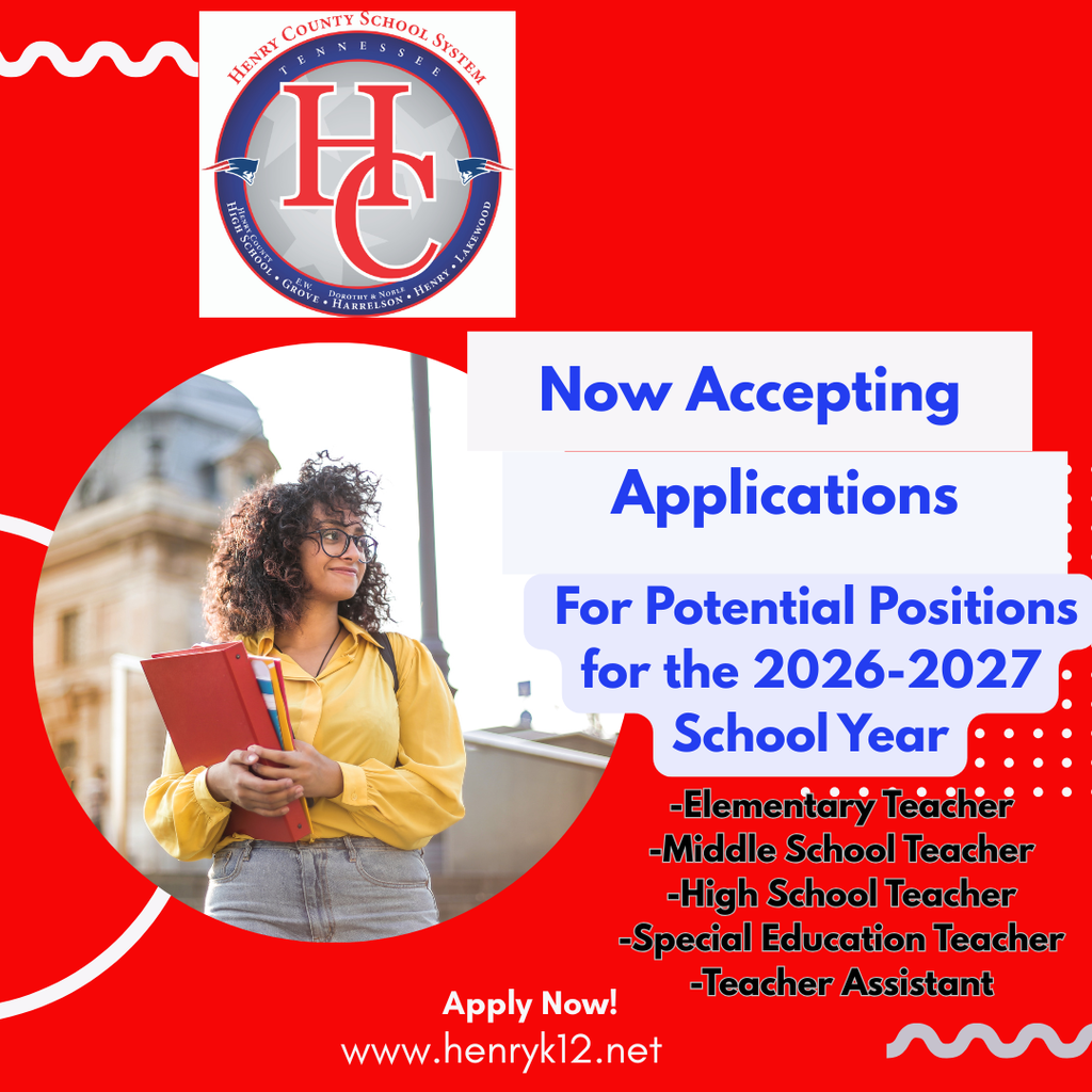 Now Accepting Applications for Potential Positions for the 2026-2027 School Year. Visit www.henryk12.net to apply!