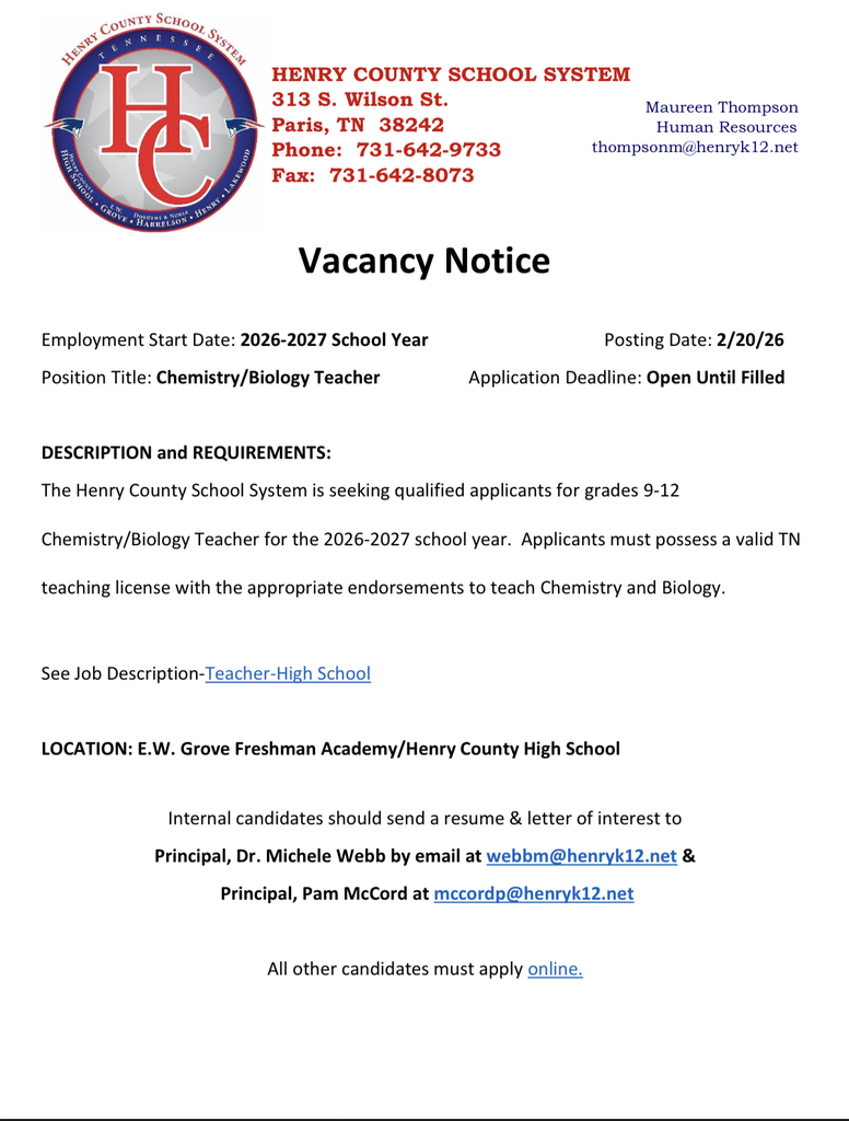 High School Chemistry/Biology Teacher Position Available for the 2026-2027 School Year.