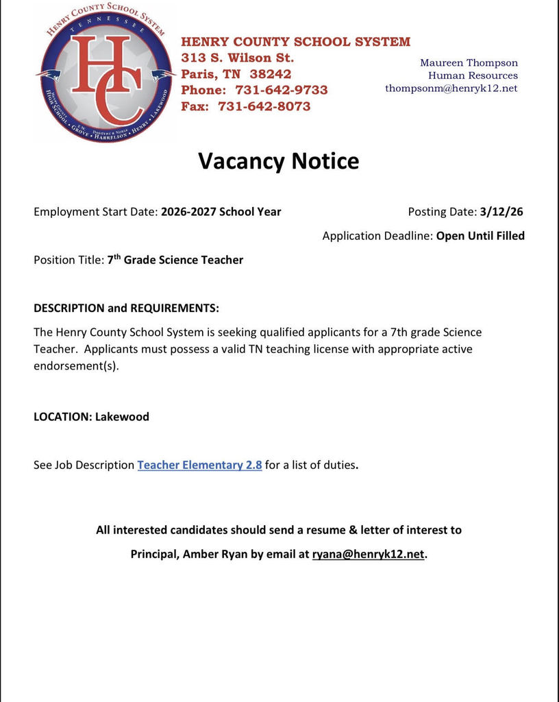 Position available for the 2026-2027 School Year! 7th Grade Science Teacher at Lakewood