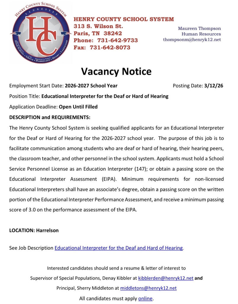 Positions available for the 2026-2027 School Year! 7th Grade Science Teacher at Lakewood & Educational Interpreter for the Deaf and Hard of Hearing at Harrelson
