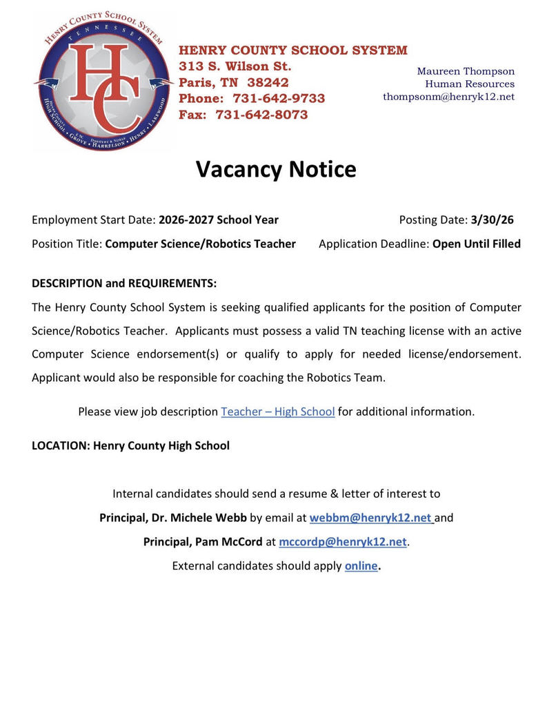 Available Position for the 2026-2027 School Year! Computer Science/Robotics Teacher at Henry County High School. Apply Today!