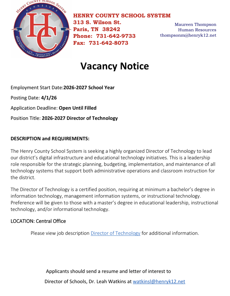 Now Hiring : Director of Technology. Shape the 2026-2027 school year tech landscape for Henry County Schools. Are you a visionary tech leader? Henry County Schools is looking for you! Lead the team that keeps our district connected. Apply now for the Director of Technology position!