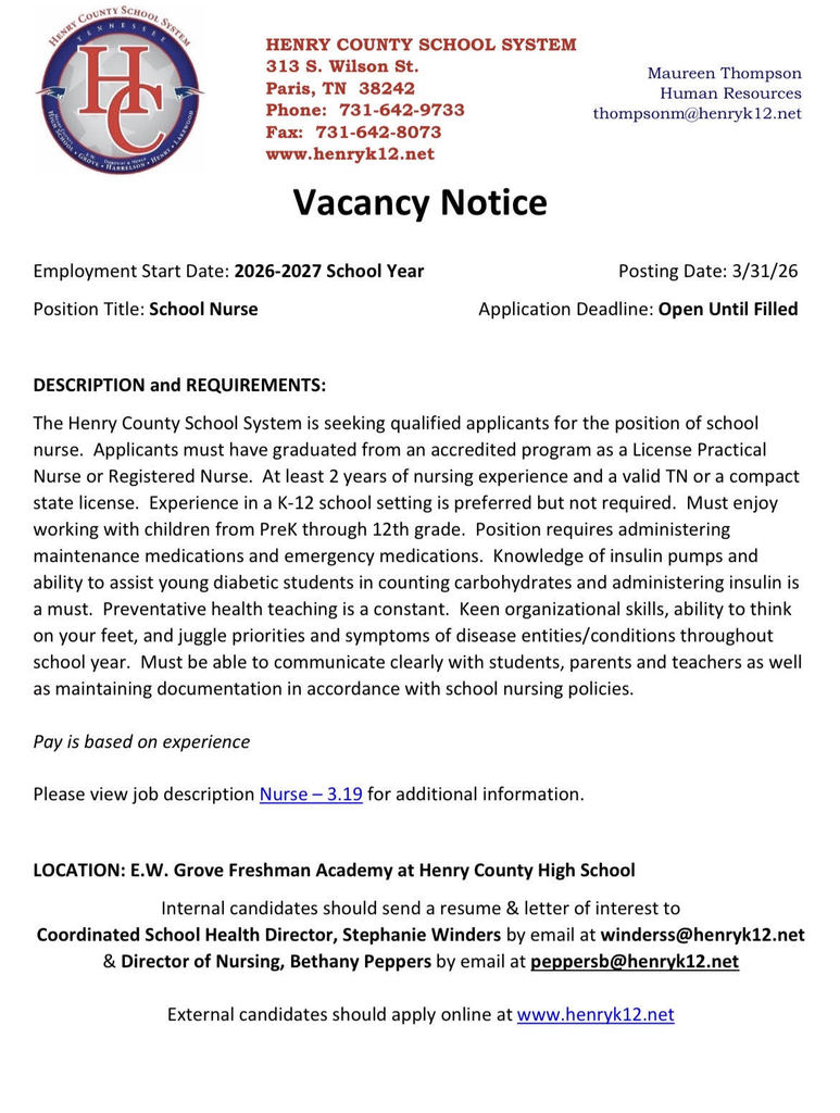 Henry County Schools is seeking a qualified RN/LPN to serve the E.W. Grove Freshman Academy at Henry County High School for the 2026-2027 school year.