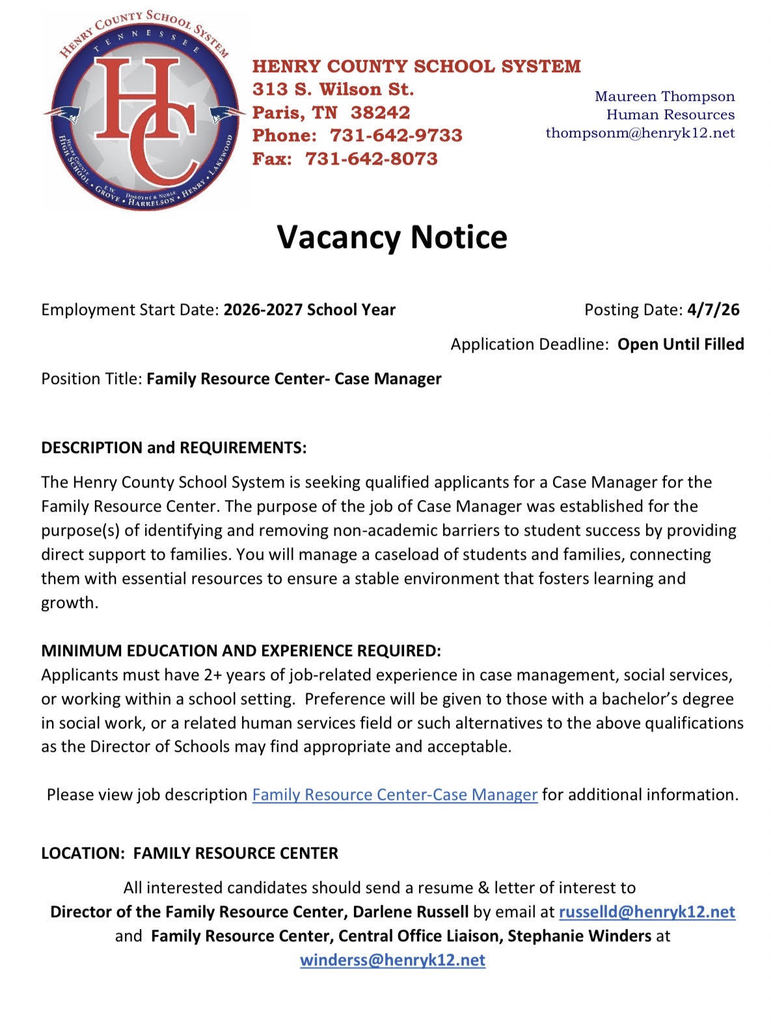 Are you passionate about removing barriers to student success and supporting families in our community? The Henry County School System is looking for a dedicated Case Manager for the Family Resource Center for the 2026-2027 school year! Apply Today!