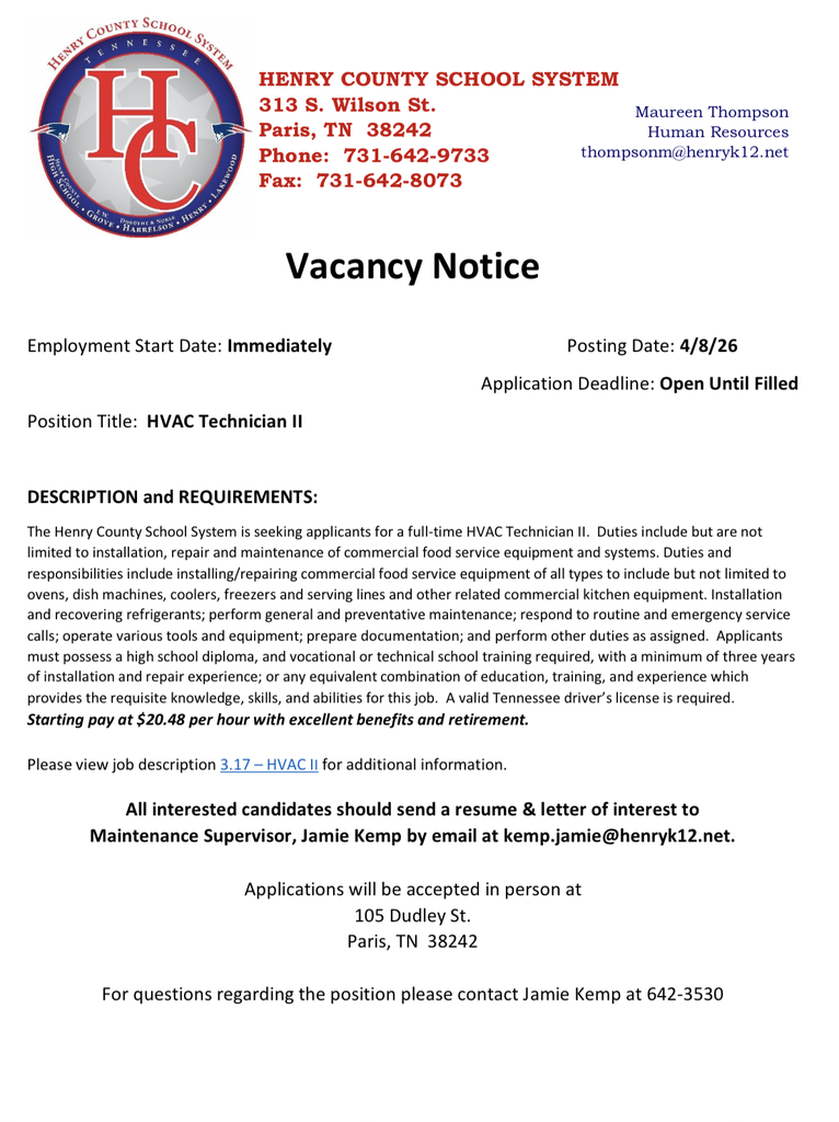 The Henry County School System is looking for a skilled HVAC Technician II to keep our schools running smoothly! If you have experience with commercial kitchen equipment and refrigeration systems, we want to hear from you.