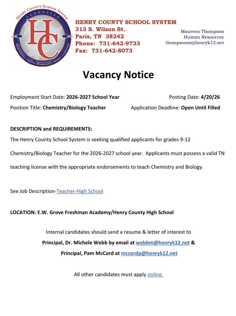 Science Superstars Wanted!! Are you ready to make a difference in the classroom? The Henry County School System is looking for a Chemistry/Biology teacher at E.W. Grove Freshman Academy/Henry County High School for the 2026-2027 school year.