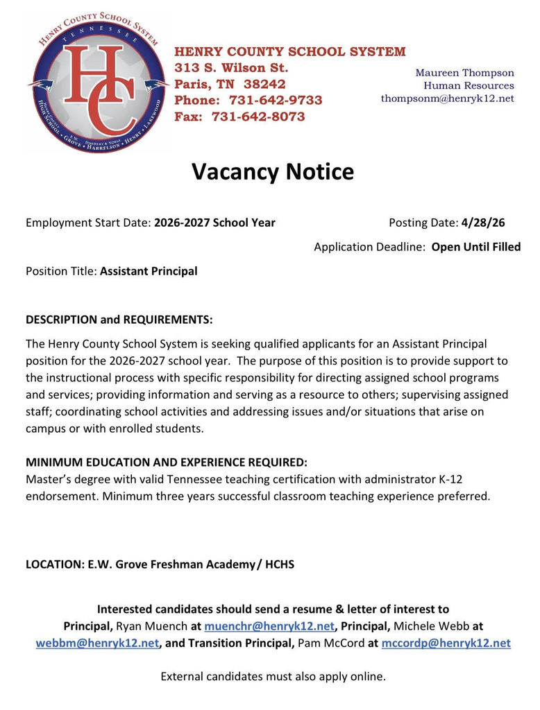 Now Hiring for the 2026-2027 School Year! The Henry County School System is looking for a dedicated leader to join our team for the upcoming school year! If you are passionate about supporting student success and fostering a positive environment, we want to hear from you.
