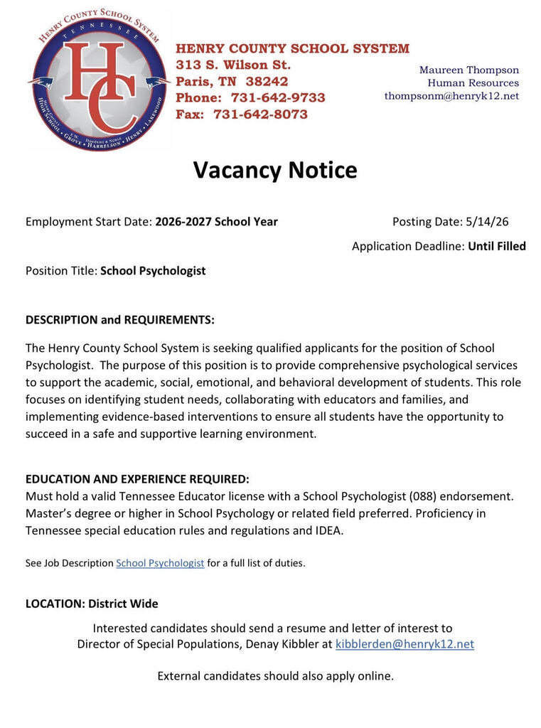 The Henry County School System is looking for a School Psychologist for the 2026-2027 School Year! Join a team that puts kids first. Apply today!