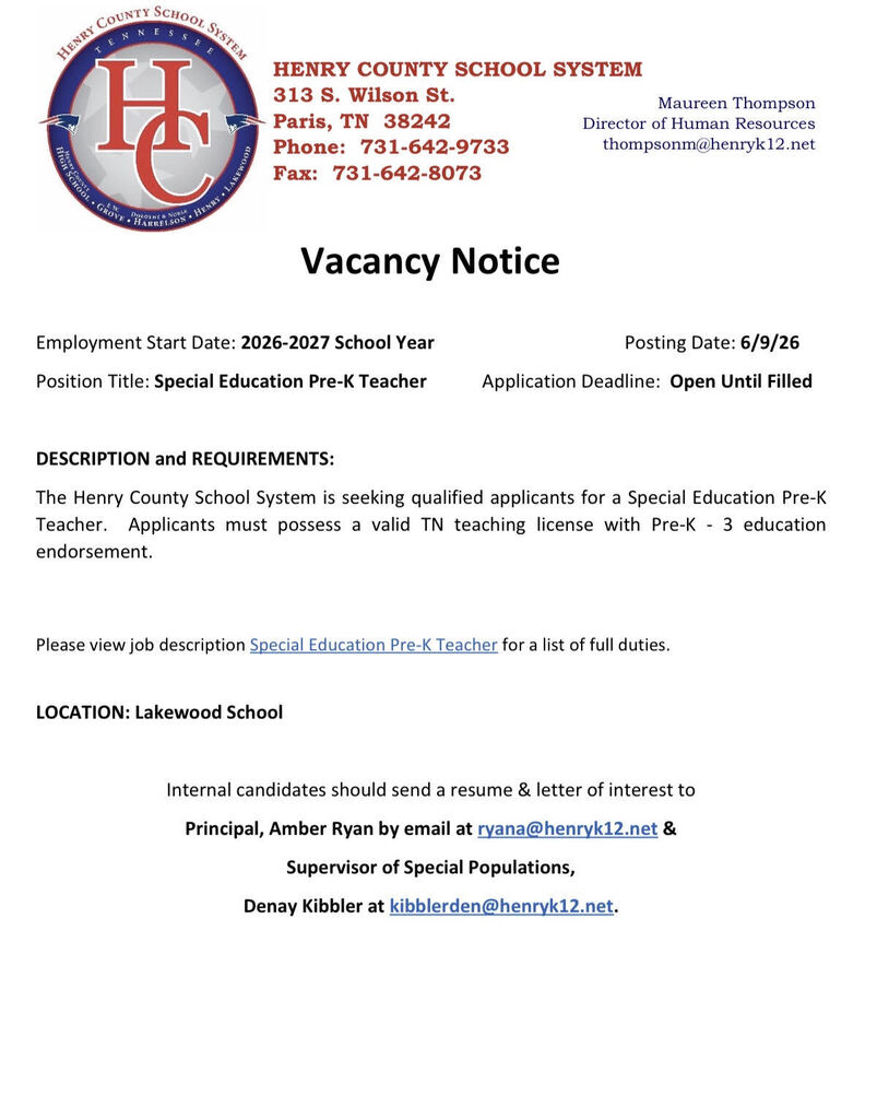 The Henry County School System is hiring a Special Education Pre-K Teacher for the 2026-2027 school year at our Lakewood School location. Apply Today!