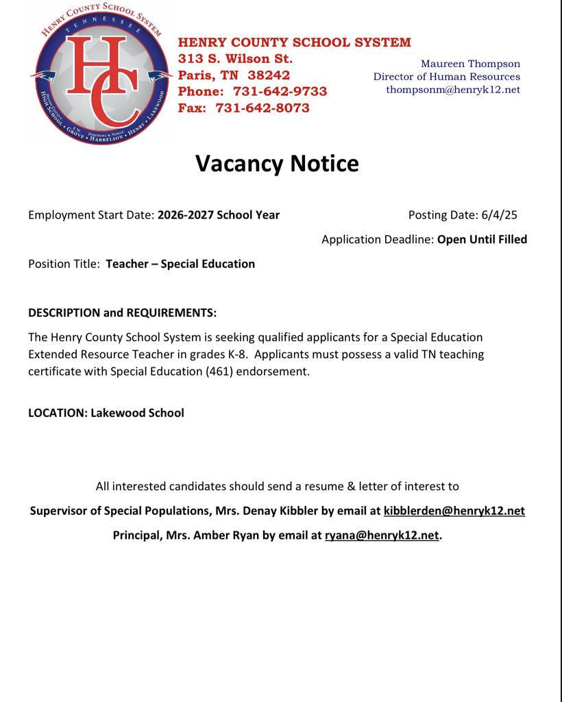 The Henry County School System is hiring a Special Education Teacher for the 2026-2027 School Year at our Lakewood School location. Apply Today!