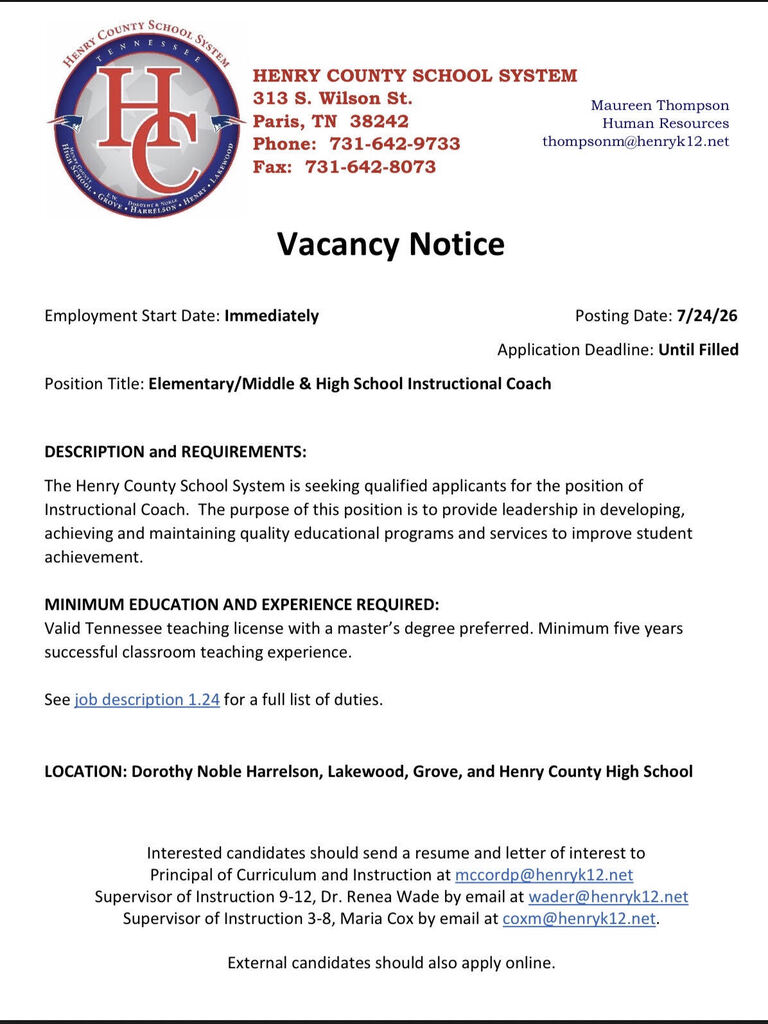 Henry County School System is looking for an Instructional Coach to support educators at Harrelson, Lakewood, Grove, and HCHS! Help us empower teachers and inspire students across Henry County. ❤️💙