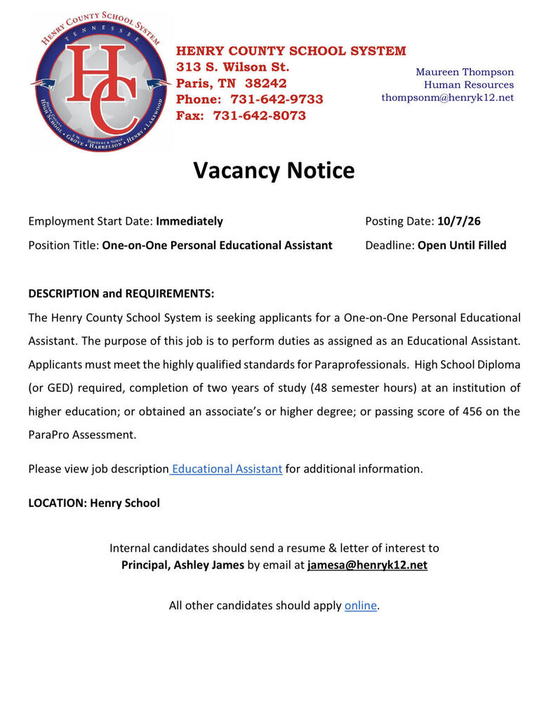 The Henry County School System is Hiring a One-on-One Personal Assistant at Henry School. If you have a love for helping and supporting students, appy today!