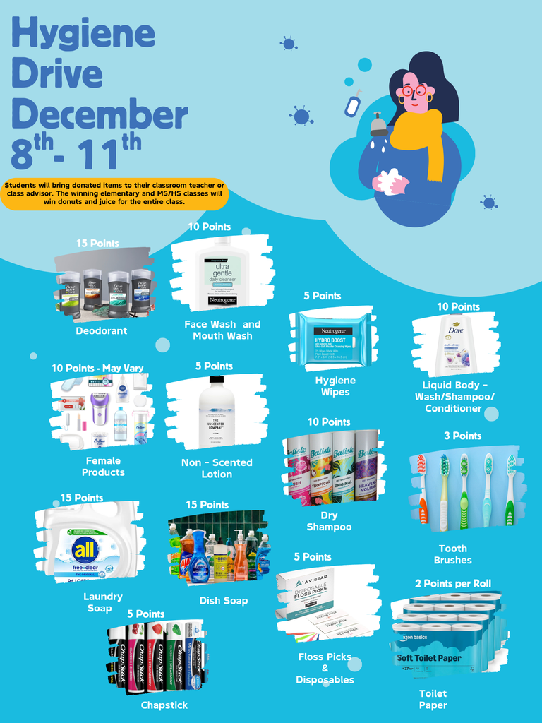 A bright, colorful poster titled “Hygiene Drive December 8th–11th.” It shows a person washing their hands and lists donation items with point values. Items include: deodorant (15 points), face wash and mouth wash (10 points), female products (10 points, may vary), non-scented lotion (5 points), hygiene wipes (5 points), liquid body wash/shampoo/conditioner (10 points), dry shampoo (10 points), toothbrushes (3 points), laundry soap (15 points), dish soap (15 points), chapstick (5 points), floss picks and disposables (5 points), and toilet paper (2 points per roll). A note says students should bring items to their teacher or advisor, and winning classes get donuts and juice. The design features bubbles, blue backgrounds, and illustrated hygiene items.