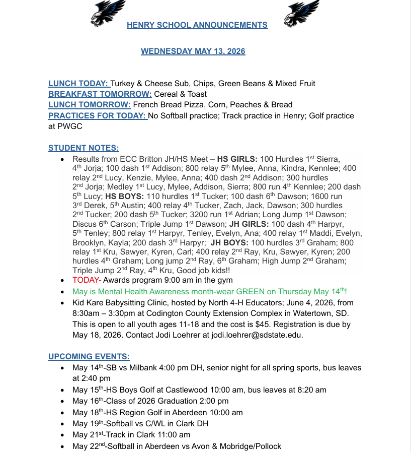 5-13-26 Daily Annoucements