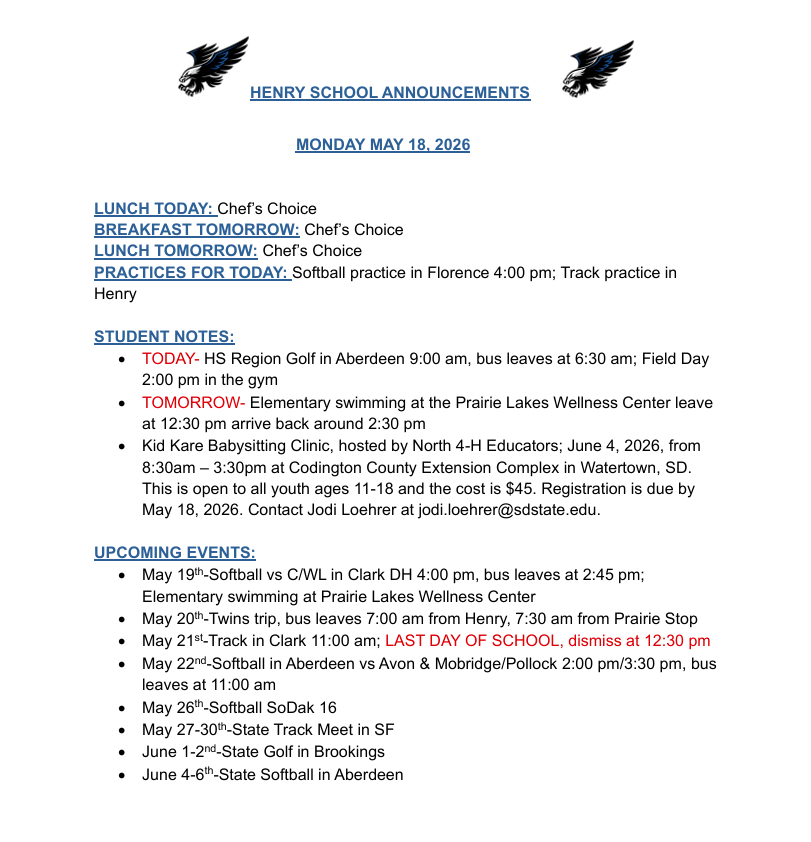 5-18-26 Daily Announcements