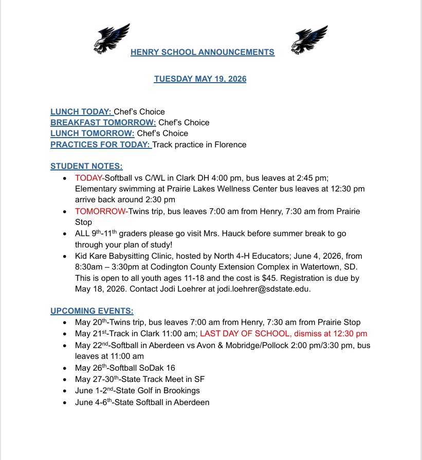 5-19-26 Daily Announcements