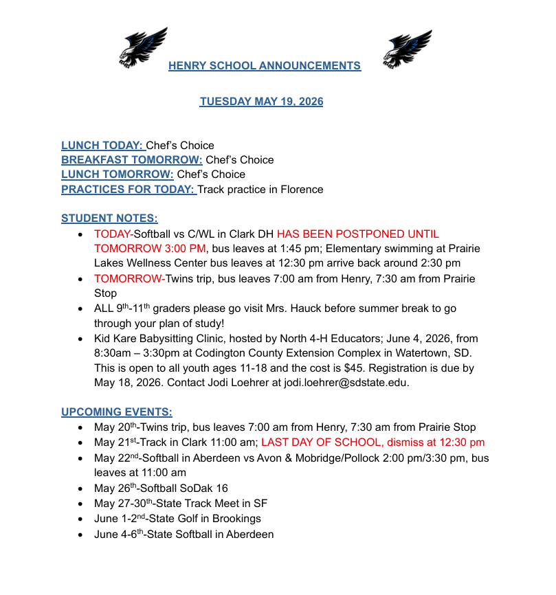 UPDATED 5-19-26 Daily Announcements