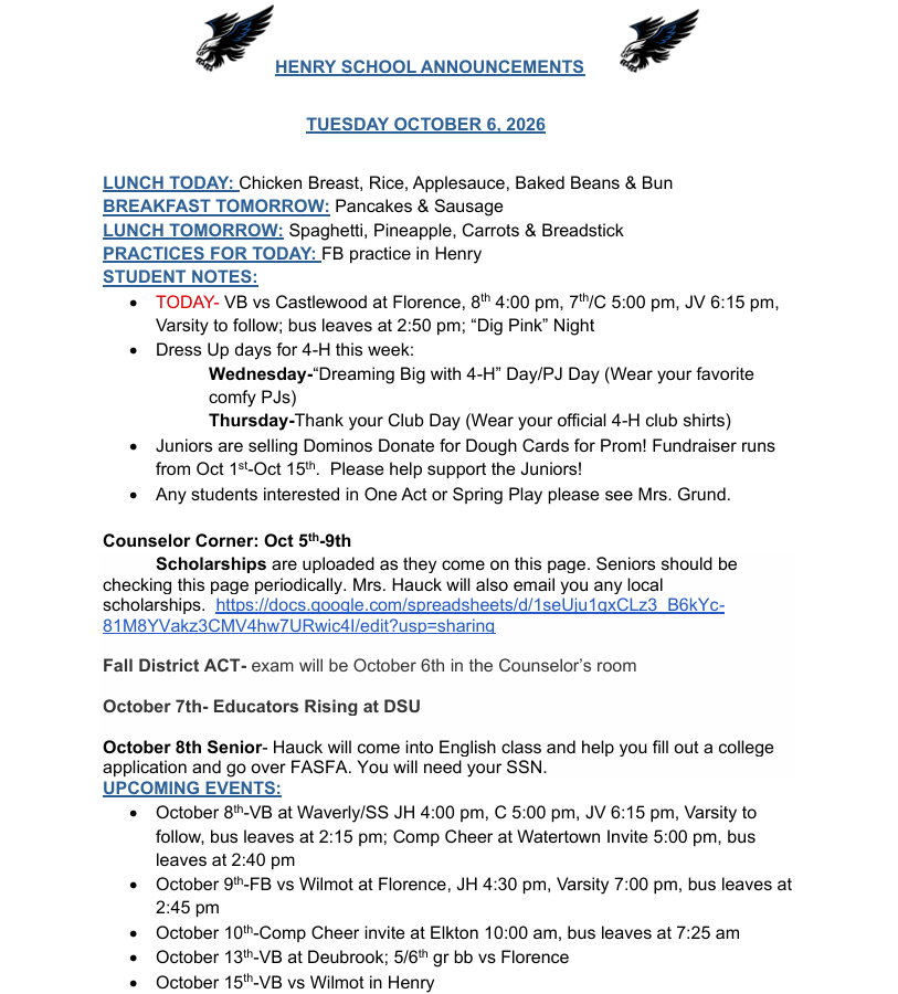 10-6-26 Daily Announcements