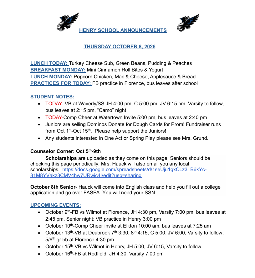 10-8-26 Daily Announcements