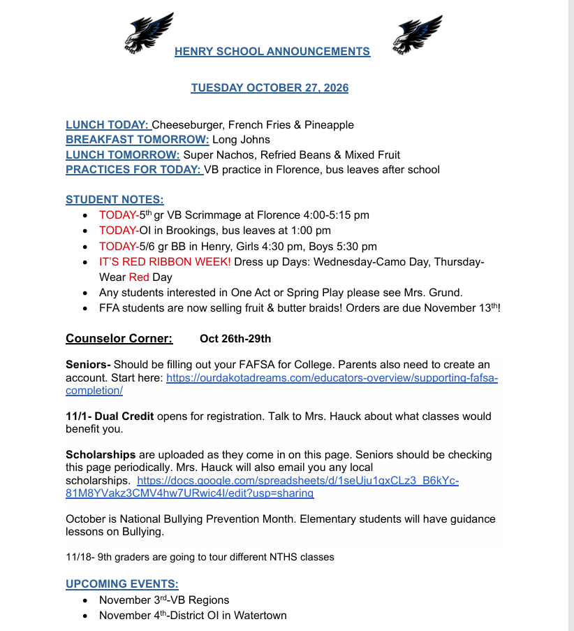 10-27-26 Daily Announcements