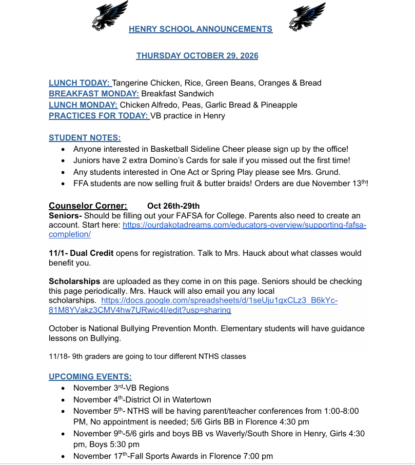 10-29-26 Daily Announcements