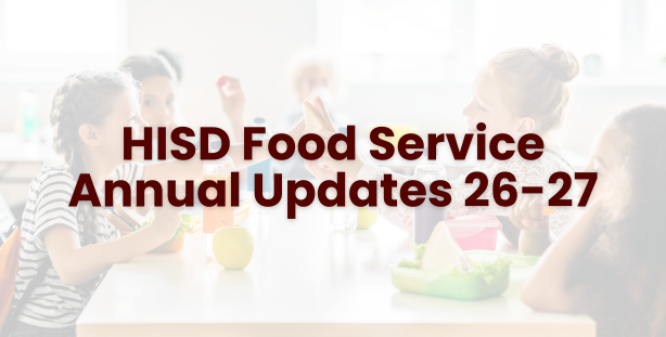 Children sitting at a table eating food with HISD Food Service Update in maroon lettering 