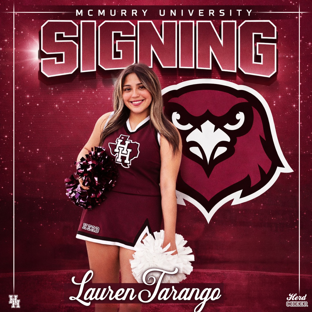 A poster announces a signing event at McMurry University, featuring a smiling cheerleader named Lauren Jarango.