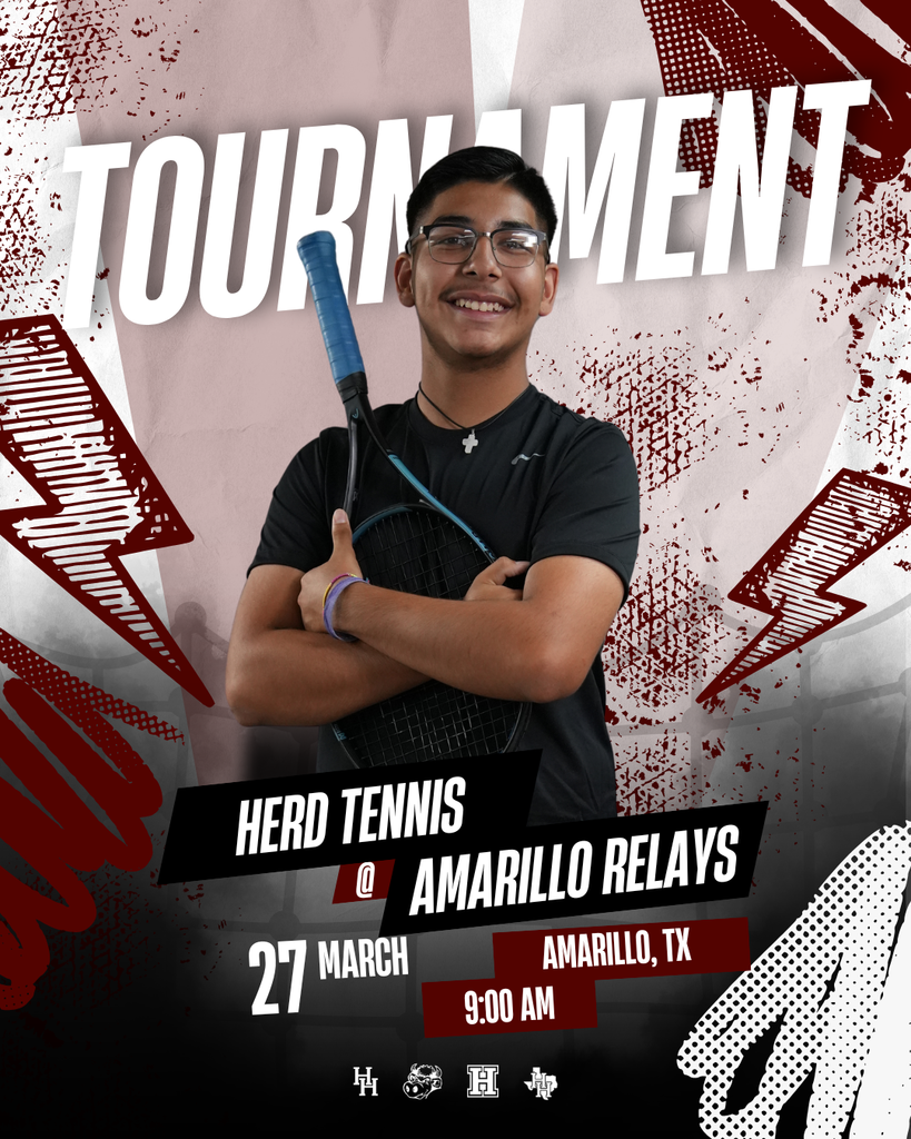Poster with a man holding a tennis racket, smiling. It reads: Herd Tennis @ Amarillo Relays, March 27, Amarillo, TX, 9:00 AM.