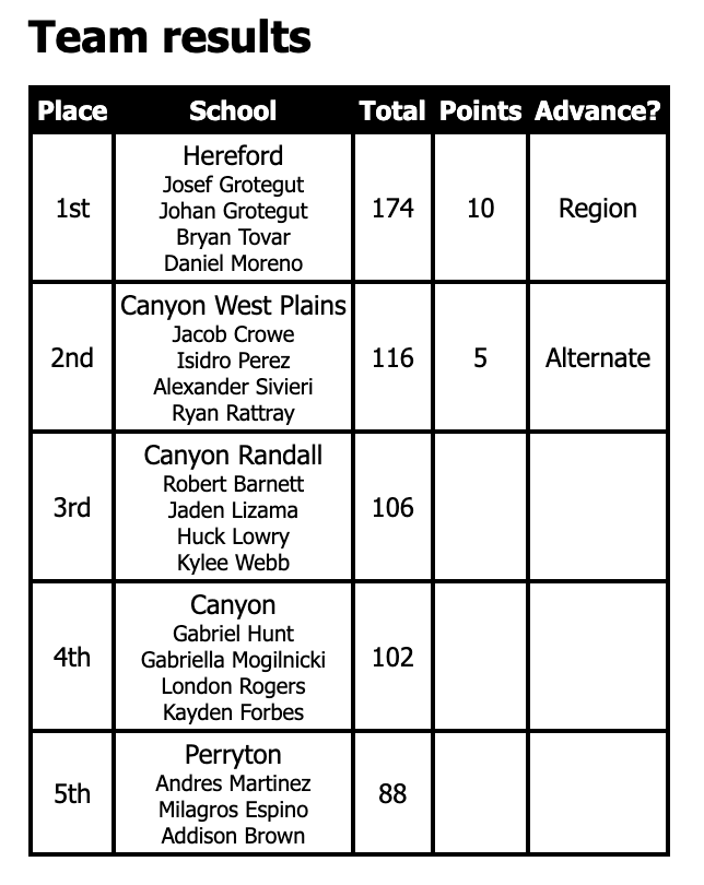 A table titled "Team results" displays teams' places, names, total points, and whether they advanced.