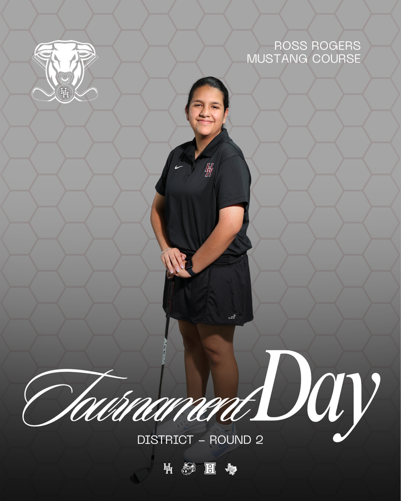 A young woman poses with a golf club at a golf course. Text reads "Tournament Day District - Round 2."