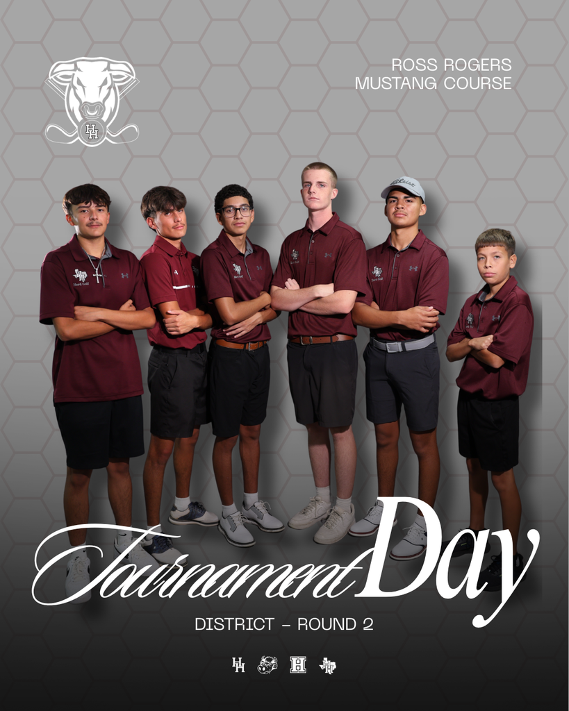 Six individuals wearing maroon polo shirts and black shorts stand together in a row. The poster reads "Tournament Day" in white.
