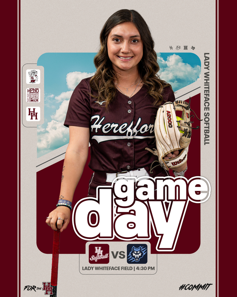 A woman with a baseball glove holds a bat, wearing a maroon jersey. Text reads "game day" and "vs."