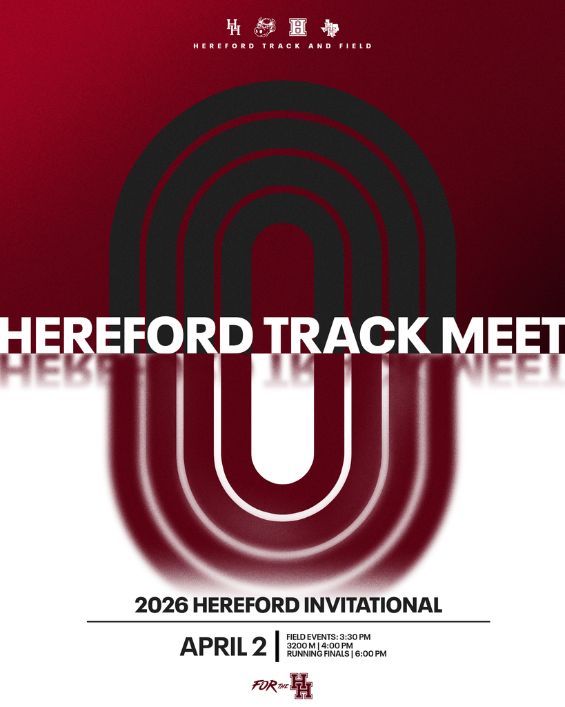 Red and white poster with a bold black 'U' in the center, overlaying a red curved line. Text reads: "Hereford Track Meet 2026 Hereford Invitational April 2."