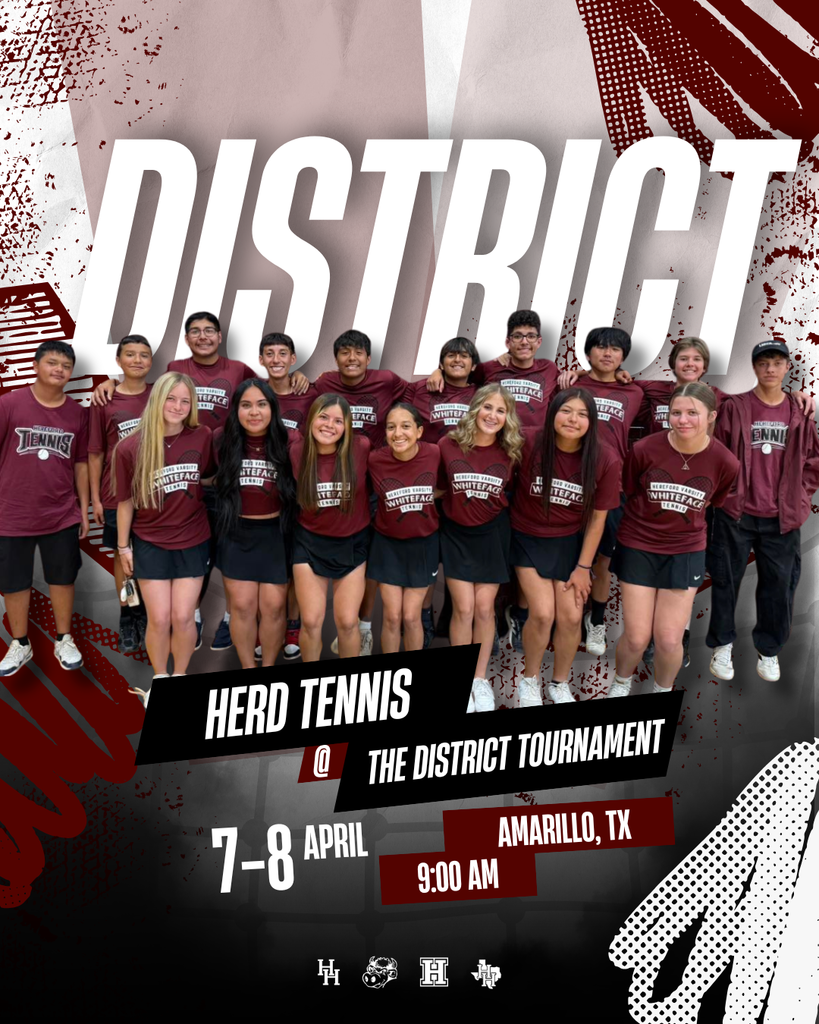 Team in maroon shirts, white sneakers, and black skirts pose for a photo at the District Tennis Tournament in Amarillo, TX.
